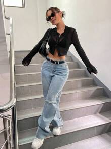 SHEIN ICON 前排扣荷葉袖短款透視網紗上衣不附胸罩