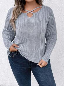 SHEIN LUNE Plus Crisscross Front Sweater Knit Pullover Fall Winter Outfit - Blue - View 1