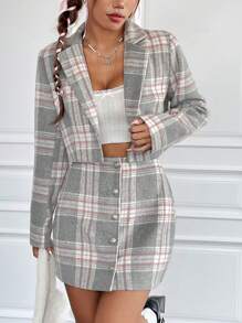 Muchica Plaid Print Lapel Neck Blazer & Skirt - Multicolor - View 3