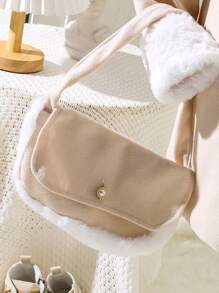 SHEIN Tween Girl 1pc Borg Collar Button Front Overcoat - Apricot - View 6