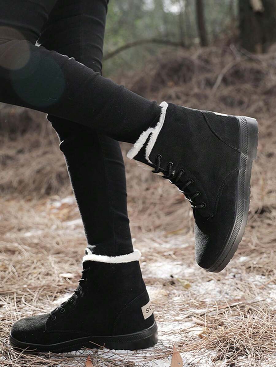 女士保暖内衬加厚保暖踝靴时尚休闲鞋雪地靴 - 黑色 - 查看 1