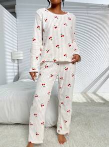 Cherry Print Tee & Pants PJ Set / Pajama Set White Set - White - View 6