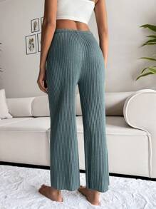RueChic Pantalones de dormir de cintura con nudo tejido de canalé - Verde Oscuro - Ver 2
