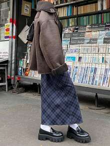 Plaid Print Skirt - Blue - View 2