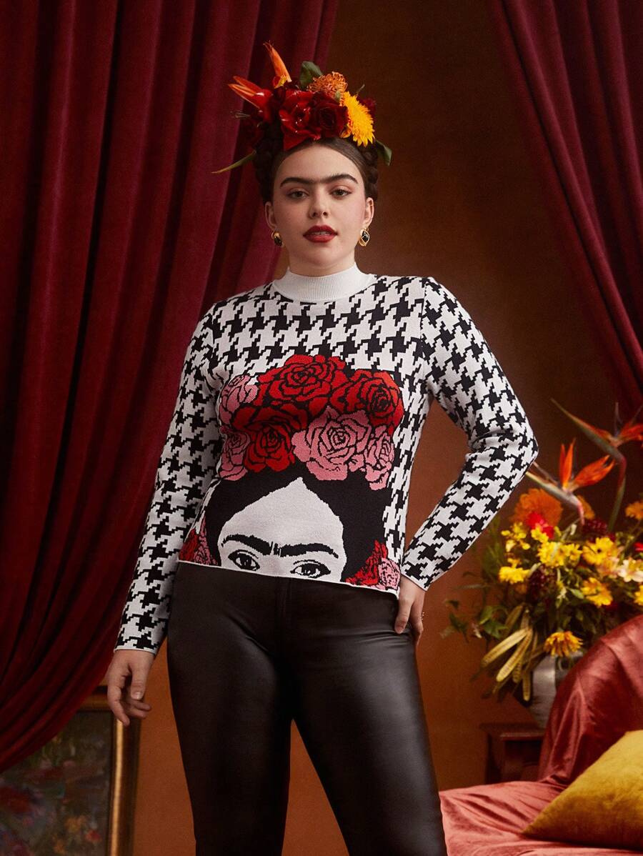 Frida Kahlo X SHEIN Plus Houndstooth & Figure Pattern Sweater - Multicolor - View 1