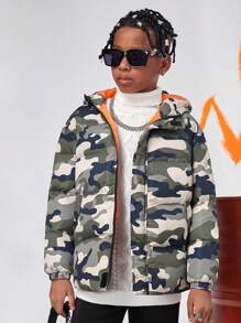 SHEIN Tween Boy Camo Print Zip Up Hooded Padded Coat - Multicolor - View 3