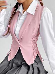 SHEIN EZwear 1pc Lace Up Side Single Button Vest Blazer - Pink - View 5