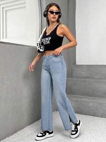 SHEIN PETITE 開衩下擺直筒牛仔褲 - 淺色水洗藍 - 查看 4