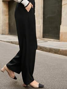 SHEIN Frenchy Nút phía trước Chi tiết xếp li Quần chân thẳng - màu đen - Xem 4