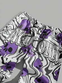 ROMWE MEN Goth Guys Skull & Letter Graphic Drawstring Waist Pants - Multicolor - View 3