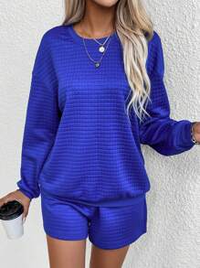 SHEIN LUNE Shorts con sudadera unicolor de hombros caídos - Azul - Ver 5