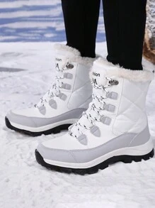 Women's White Fabric & Leather Splice Outdoor High-Top Snow Boots, With Thick Thermal Lined And Non-Slip Sole, All-Match Style - White - View 4