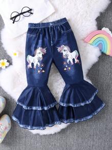 SHEIN Chica Joven Pantalones acampanados con estampado de unicornio - Azul - Ver 1