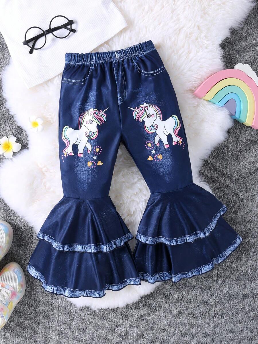 SHEIN Chica Joven Pantalones acampanados con estampado de unicornio - Azul - Ver 1