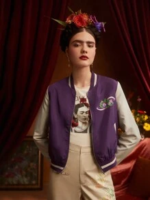 Frida Kahlo X SHEIN Casual College Style Two Tone Character Fun Print Baseball Uniform Jacket Spring And Autumn - Multicolor - View 2
