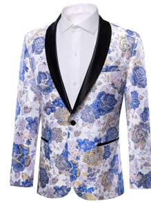Hombres Blazer floral jacquard de cuello esmoquin con botón - Azul - Ver 3