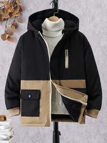 SHEIN Tween Boy 1pc Colorblock Flap Pocket Zipper Hooded Thermal Lined Jacket - Black - View 3