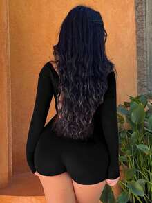 Mono unitard unicolor de cuello cuadrado - Negro - Ver 4