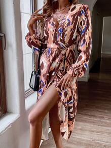 Chiquease 滿版印花燈籠袖高衩洋裝 - 咖啡棕 - 查看 6