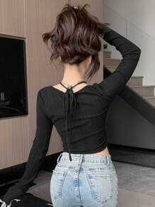 DAZY Solid Criss Cross Detail Crop Tee Fall Tops - Black - View 6