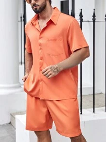 Manfinity Homme Men Plus Pocket Patched Shirt & Drawstring Waist Shorts - Orange - View 4