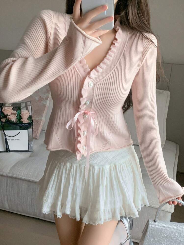 Cardigan court à volants avec nœud devant, vêtements d'automne
