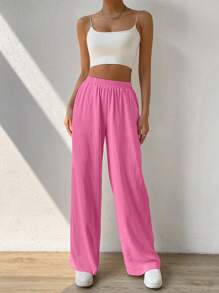 SHEIN EZwear Solid Slant Pocket Wide Leg Pants - Hot Pink - View 5