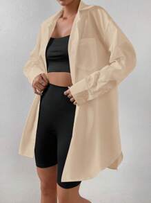 SHEIN EZwear Solid Drop Shoulder Pocket Patched Shirt - Apricot - View 5