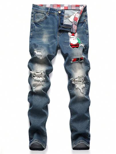 男士破洞抽鬚聖誕補丁貼牛仔褲