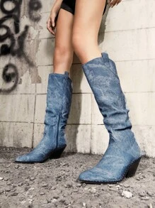 SheIn ICON 女性尖頭粗跟西部牛仔靴,時尚戶外牛仔靴子 - 藍色 - 查看 1