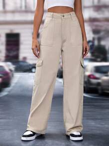 SHEIN EZwear Flap Pocket Cargo Jeans - Apricot - View 5