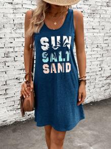 SHEIN VCAY Summer Tree & Letter Graphic Tank Dress - Navy Blue - View 3