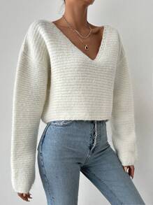 EURMUSE Solid Drop Shoulder V Neck Sweater - White - View 5
