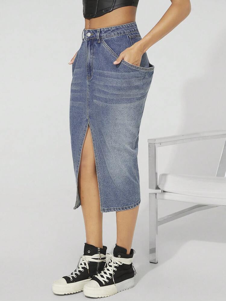 Draped Pocket Split Thigh Denim Skirt