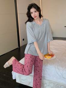 DAZY 貼花幾何女士家居服套裝 - 灰色 - 查看 3