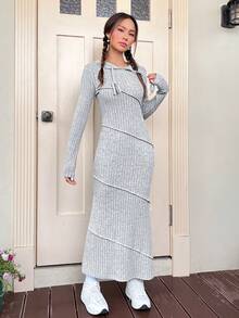 SHEIN EZwear Váy có mũ trùm đầu có gân rắn - Xám - Xem 3