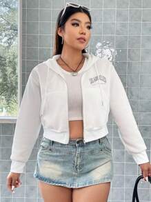 Flirla Áo nỉ có khóa kéo và dây rút, in chữ, cỡ lớn. - trắng - Xem 5