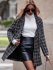 SHEIN Clasi Plaid Pattern Double Breasted Overcoat - Black - View 4
