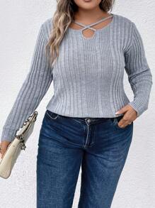 SHEIN LUNE Plus Crisscross Front Sweater Knit Pullover Fall Winter Outfit - Blue - View 3