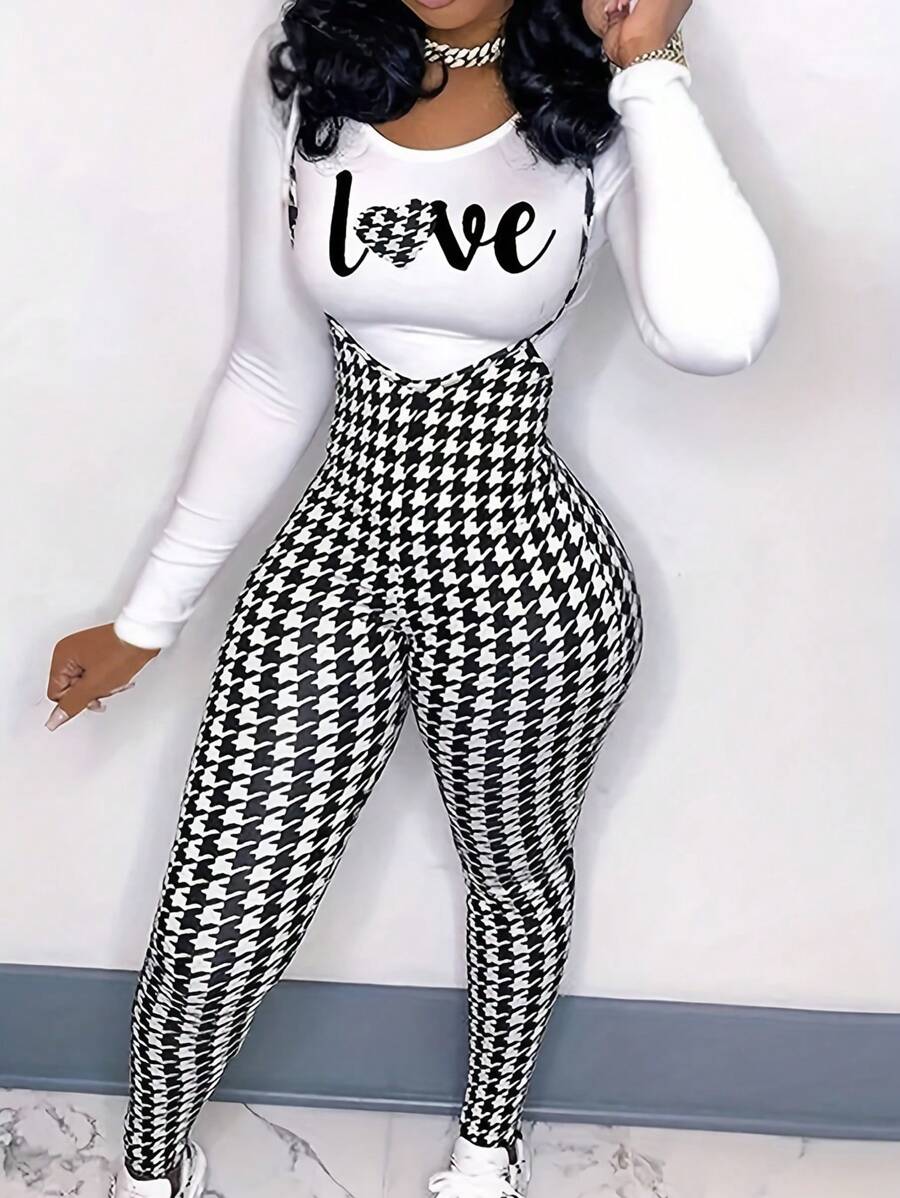 Women Slogan & Heart Printed Round Neck Long Sleeve T-Shirt And Houndstooth Pattern Suspender Pants Casual Suit For Autumn - Black and White - View 1