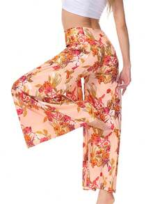 Floral Print Tie Front Wide Leg Pants - Orange - View 2
