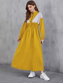 Mulvari Colorblock Drawstring Waist Drop Shoulder Dress - Yellow - View 6