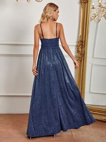 SHEIN Belle 高衩金屬亮絲正式洋裝 - 藍色 - 查看 2