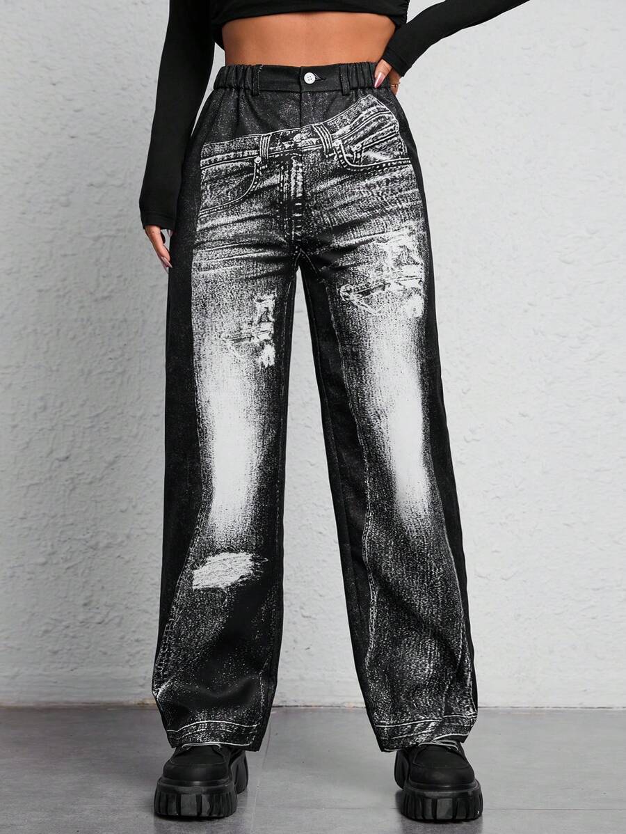 SHEIN PETITE Graphic Print Straight Leg Pants - Black - View 1