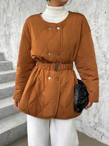 SHEIN Essnce Drop Shoulder Double Breasted Belted Quilted Coat - Apricot - View 6