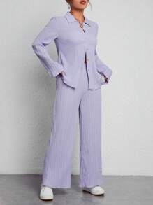 SHEIN PETITE Letter Patched Button Front Shirt & Wide Leg Pants - Mauve Purple - View 4
