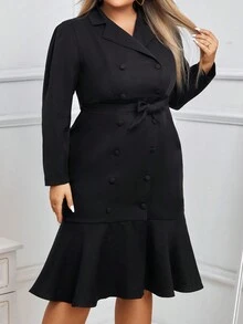 SHEIN Clasi 大碼雙排釦荷葉邊繫腰帶洋裝 - 黑色 - 查看 5