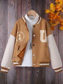 SHEIN Tween Girl 1pc Letter Graphic Striped Trim Drop Shoulder Varsity Jacket