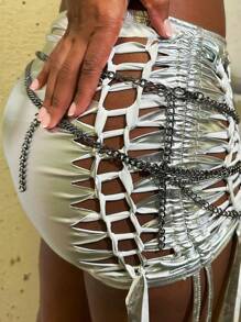 Criss Cross Side Metallic Bodycon Skirt - Silver - View 5