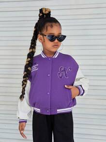 SHEIN Cô gái Tween Đồ họa Khẩu hiệu Hai âm Thả vai Áo khoác Đại học - Nhiều màu - Xem 5